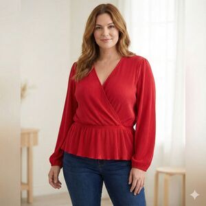 ON 34th Plissé Surplice-Neck Peplum Cherry Red Party Top Size 2X NWT
